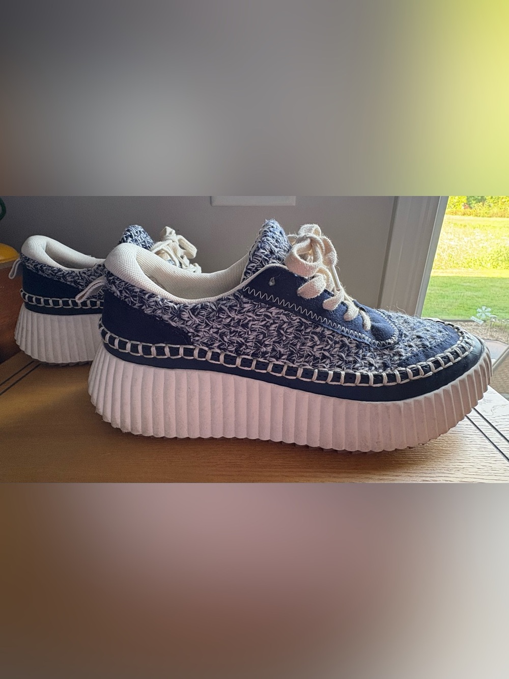 Dolce Vita Denae Navy and White Platform Knit Sneakers
